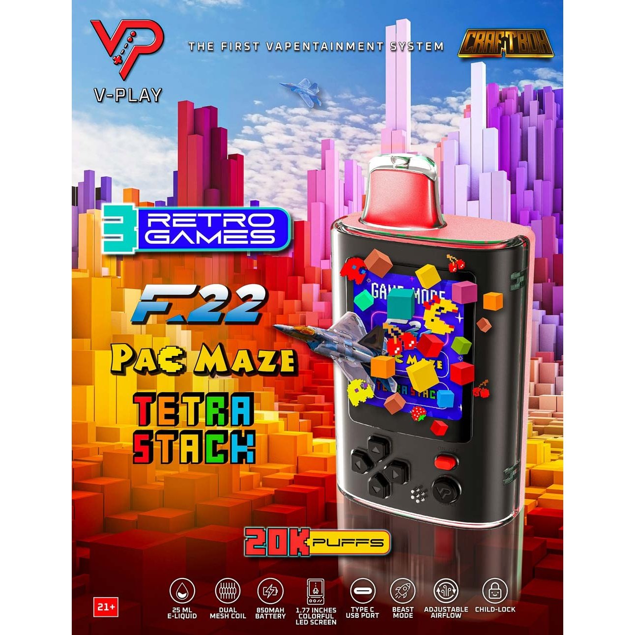 Craftbox V-Play 20K Disposable Vape with Built in Gaming System 25mL